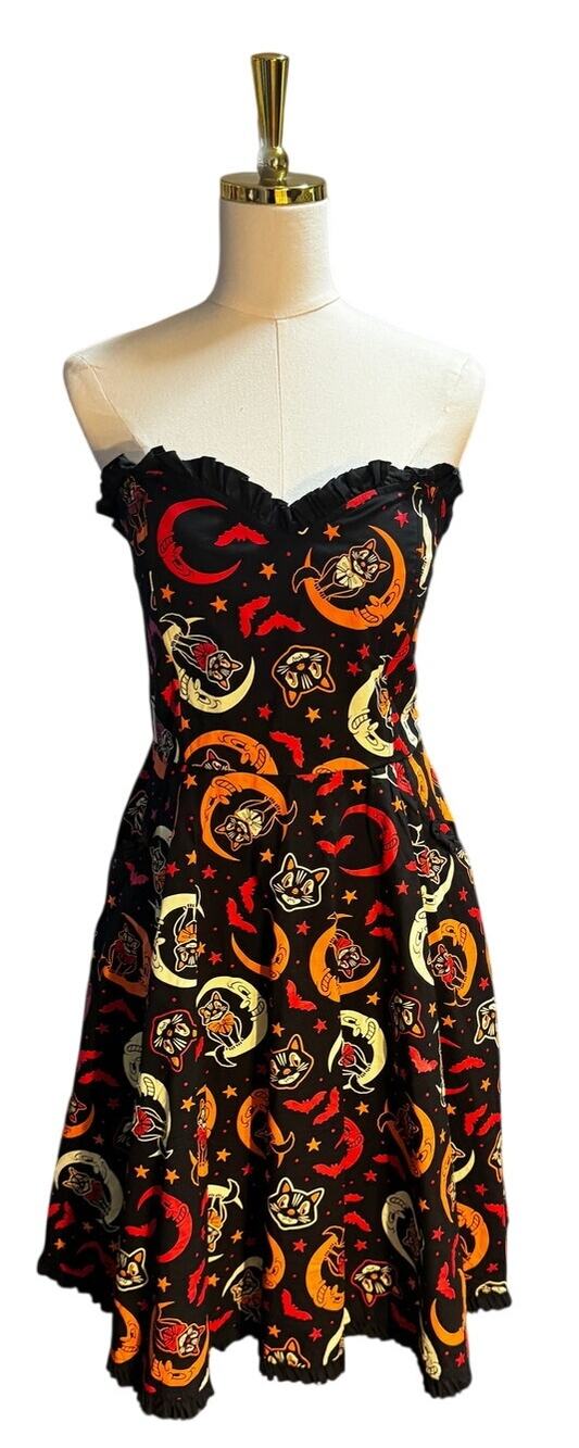 Sourpuss Over the Moon Sweetheart Dress, Black Cat & Moon Print (L)